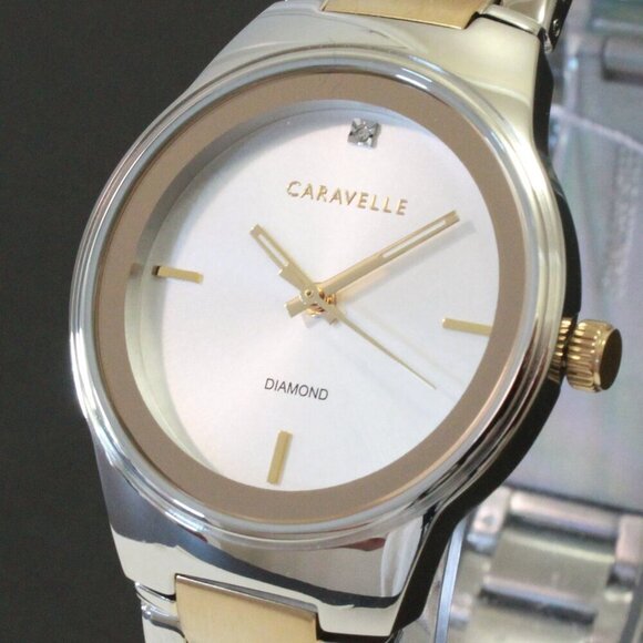 Caravelle Ladies Modern Design Watch By Bulova Diamond At 12 Silver - Gold Tone - Picture 10 of 12